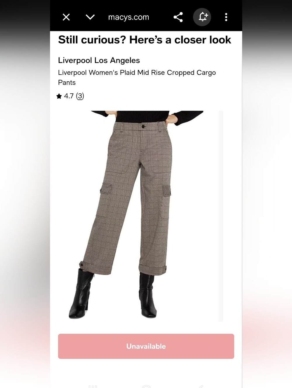 Liverpool Los Angeles Plaid Utility Cargo Cropped Pant Sz 16 / 33 Mocha Multi
